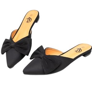 TRARY Designer Pointed Black Bow Comfortable Flat Wide Width Mules